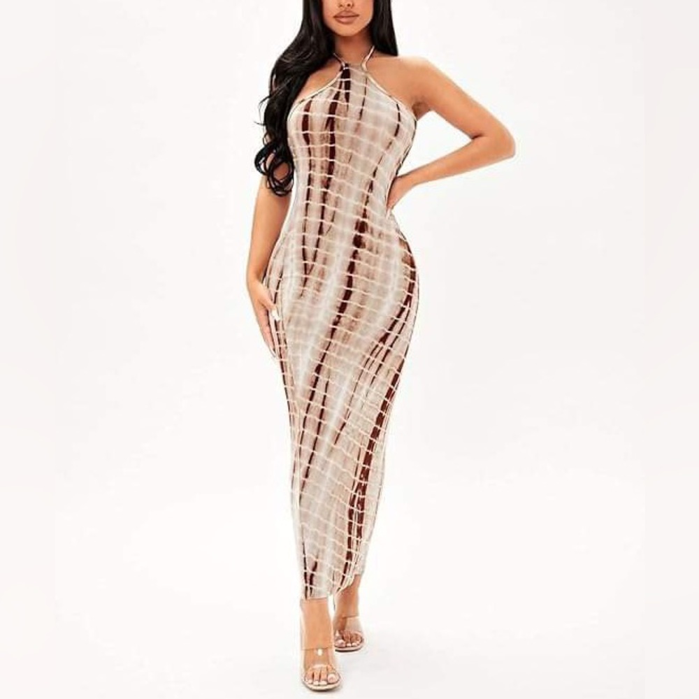 SHEIN SXY Brown Tie Dye Maxi Halter Dress